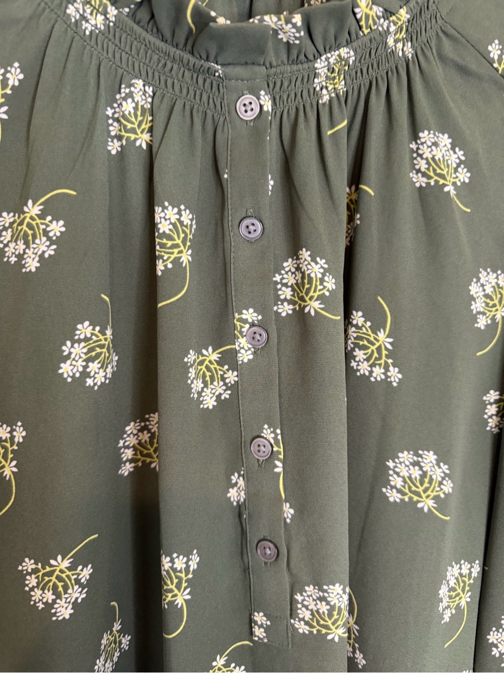 3/$20 LOFT Olive Green Floral Ruffle Neck Long Sleeve Blouse - Picture 5 of 5